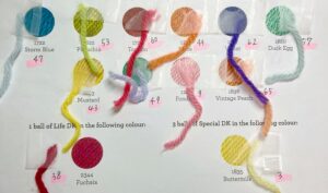 キットの配色説明のところに、代用した実物の毛糸の端っこを貼り付け、色番号を記載しています